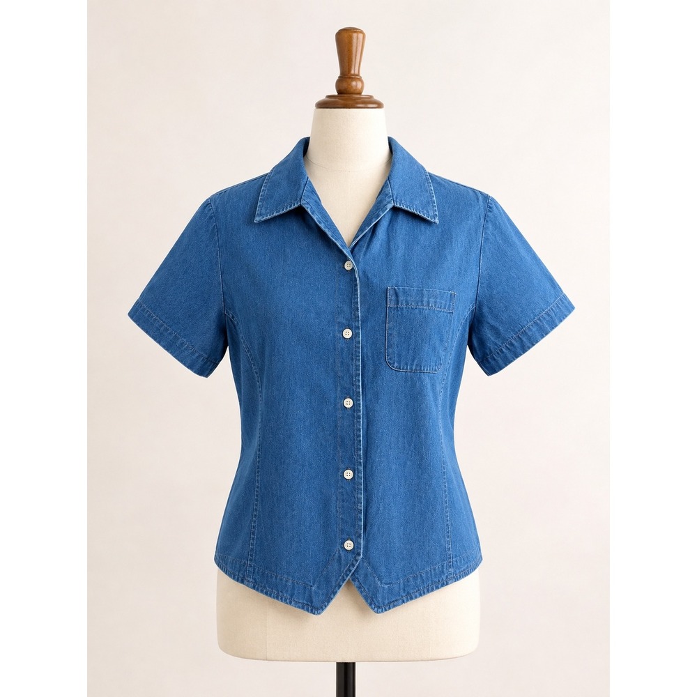 Talbots Denim Shirt Womens L Blue Vintage 90s Cotton Button Front Chambray Retro